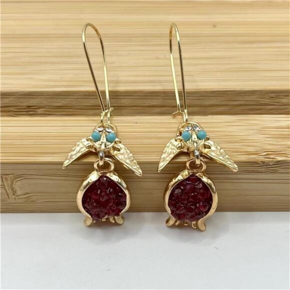 Gold Pomegranate Earrings Red Gemstone Statement Dangles - Picture 6 of 6